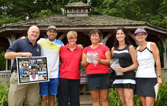 Captain Kevin Wensing (ret.), USTA, Dr. Hani Thariani, orthodontist (Tournament Presenting Sponsor), Courtney Park-Jamborsky, director, Laurel Learning Center, Mary Lee Brendsel (4.0 doubles champion), Marjie Alloy (4.0 doubles champion), Elaine Killoran, tournament co-chair at the Rally for a Cause Tournament in Reston Sept. 21-22.