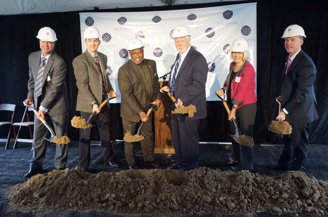 Officials gather for a ceremonial groundbreaking of The Exchange at Potomac Yard Oct. 9, a mixed-use development project along the Route 1 corridor in Alexandria. From left are: Frederic Rothmeijer, a principle with MidAtlantic Realty Partners; Andy Van Horn, vice president of the JBG Companies; Alexandria Mayor Bill Euille; U.S. Rep. Jim Moran; Alexandria Director of Planning and Zoning Faroll Hamer; and JBG managing partner Matt Kelly.
