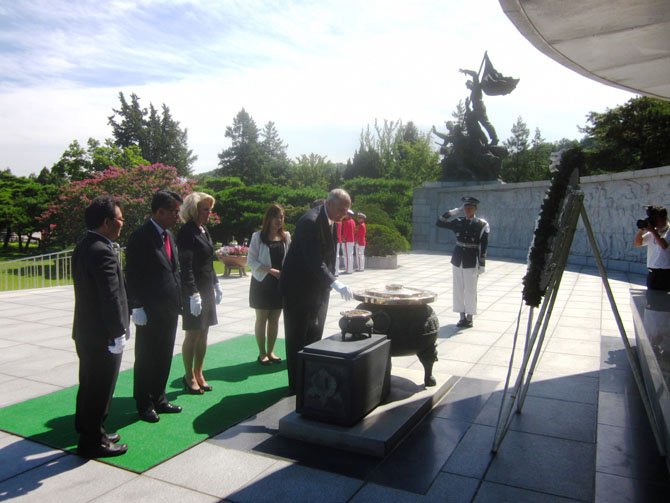 State Sen. Dave Marsden (D-37) participates in a wreath-laying ceremony at the Korean National Ceremony where the Korean War dead are buried. In August, Marsden and his wife, Julia, spent a week in South Korea as guests of the Government of the Republic of Korea. He was invited to discuss his sponsorship of the “East Sea” bill, and also to present a resolution from the Southern Legislative Conference encouraging trade development between the United States and Korea.
