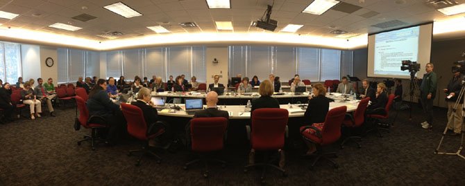 Members of the Fairfax County School Board meet for a budget work session this week in Merrifield.

