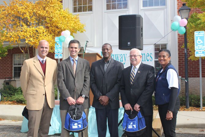 Speaking at Pathway Homes annual Help the Homeless Walk, from left: Daniel Gray, Chairman of Pathway Homes board of directors; Dean Klein, Executive Director of Fairfax County's Office to Prevent and End Homelessness; Roger Brown, Pathways consumer and Navy veteran; U.S. Rep. Gerry Connolly (D-11); Dr. Sylisa Lambert-Woodard, President and CEO of Pathway Homes.