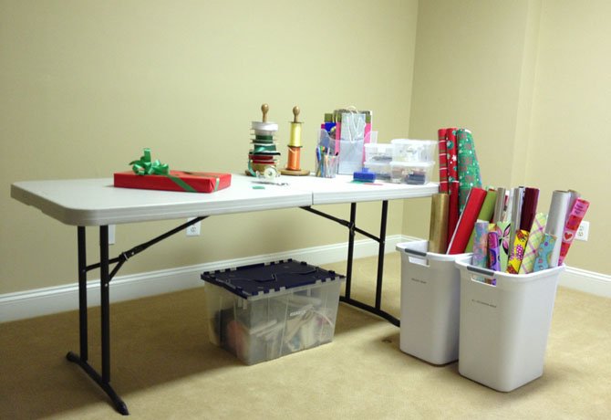 When it’s time to wrap presents, Susan Unger of ClutterSOS suggests creating a wrapping station so all supplies are visible and easily accessible.