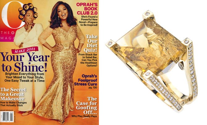 The cover of the January 2014 issue of O, The Oprah Magazine, features a Jorge Adeler one-of-a-kind ‘Rock Candy’ ring.