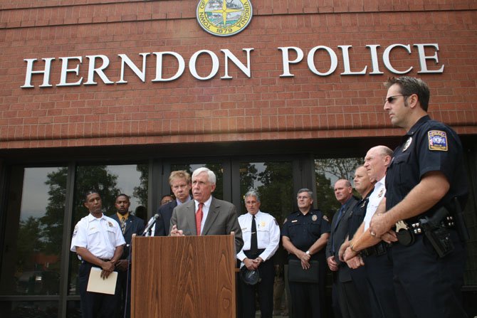 U.S Rep. Frank R. Wolf speaks at the Herndon Police Department about gang violence in 2007. Wolf led efforts to secure funds for the Northern Virginia Regional Gang Task Force created in 2003. 