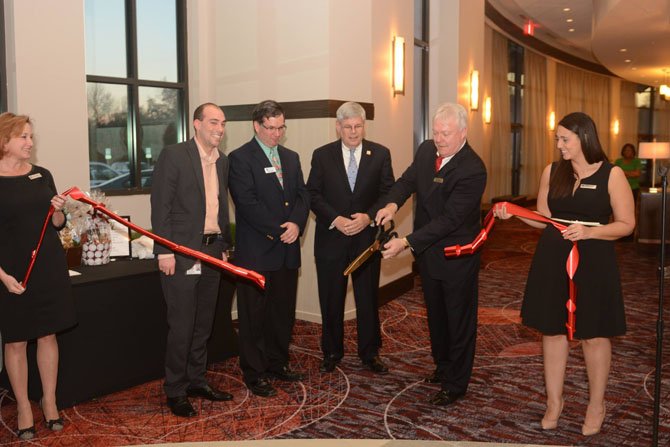 New businesses continue to open in Springfield. From left: Ann Vandehey, DOS Embassy Suites Springfield; Taylor Holland, chief of staff for Lee District Supervisor; Michael Drobnis, 2013 president Greater Springfield Chamber of Commerce; Dean Miller, National Sales Manager Visit Fairfax; Brad Wymer, GM Embassy Suites Springfield; and Francesca deVito, Catering Sales Manager Embassy Suites Springfield
