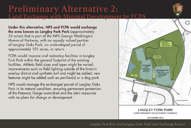 While Alternative 1 includes no development or exchange of land, Alternative 2 provides for minimal additions to Langley Fork Park by Fairfax County Park Authority.
