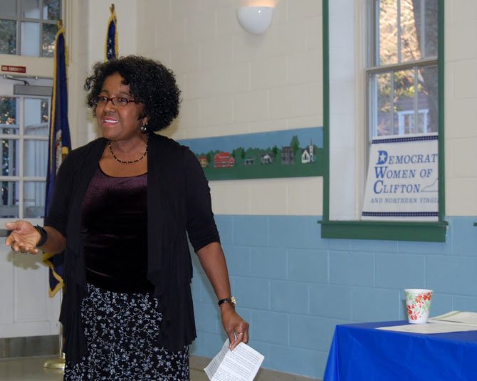 Beverly Howard, the coordinator of Fairfax Families4Kids, speaks to members of the Democratic Women of Clifton regarding mentoring opportunities for foster children in Fairfax County. 