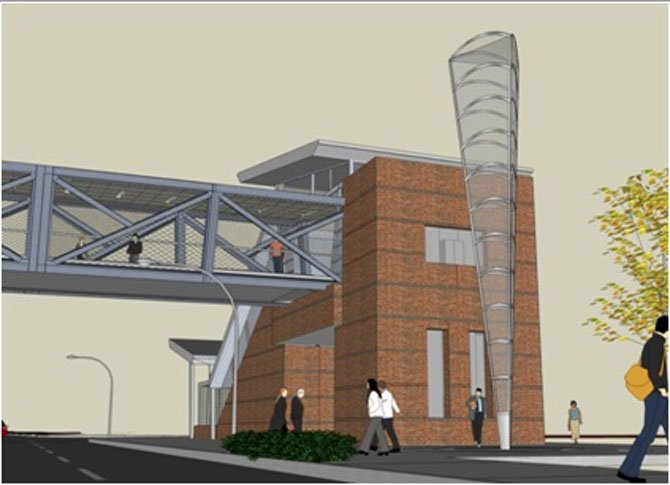 Barbara Grygutis’ proposed 39-foot tall light-integrative glass and metal structure to stand outside of the Spring Hill Station.
