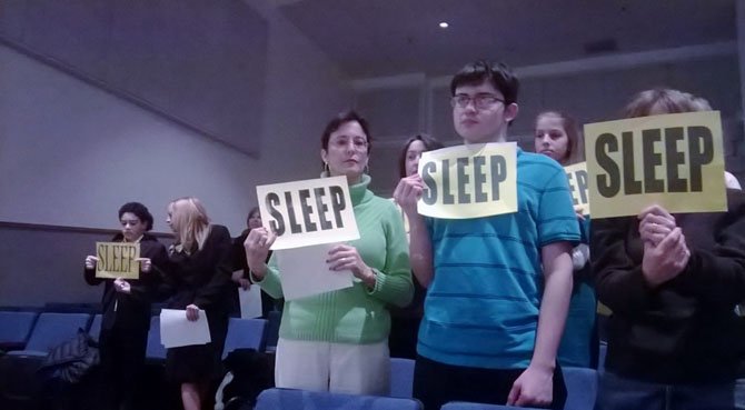 SLEEP advocates gather at a school board public hearing. The Fairfax County School Board is examining options for later start times, to be implemented in 2015.
 