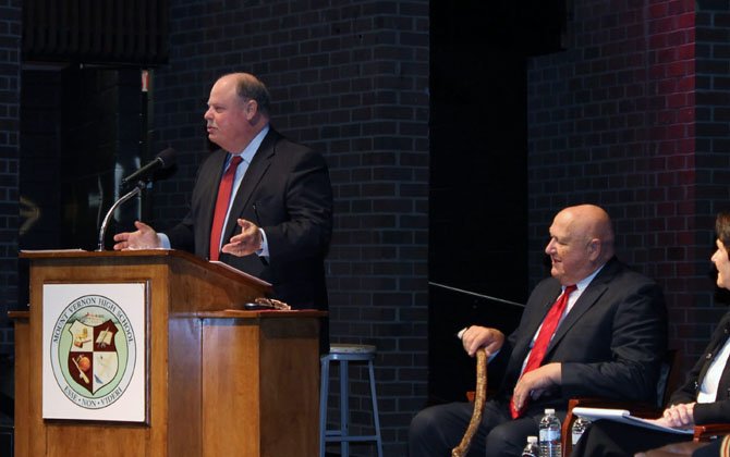 Fairfax County executive Ed Long addresses issues affecting Fairfax County and the upcoming proposed annual budget, which will be released at the end of February, at the 27th Annual Mount Vernon Town Hall on Feb. 1. 
