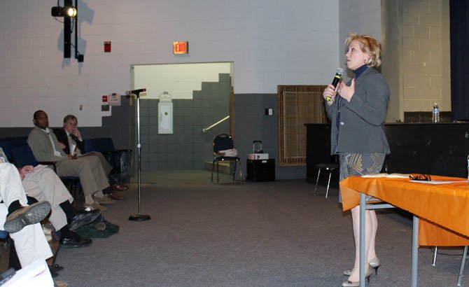 Garza speaks to community members at West Springfield High School as part of her Winter 2014 listening tour.