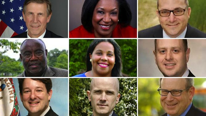 Top row: Don Beyer, Lavern Chatman, Adam Ebbin; middle row: Bill Euille, Charniele Herring, Patrick Hope; bottom row: Alfonzo Lopez, Bruce Shuttleworth, Mark Sickles.