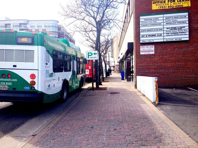 Buses line up along Columbia Pike, where county officials want to install a $310 million streetcar system.