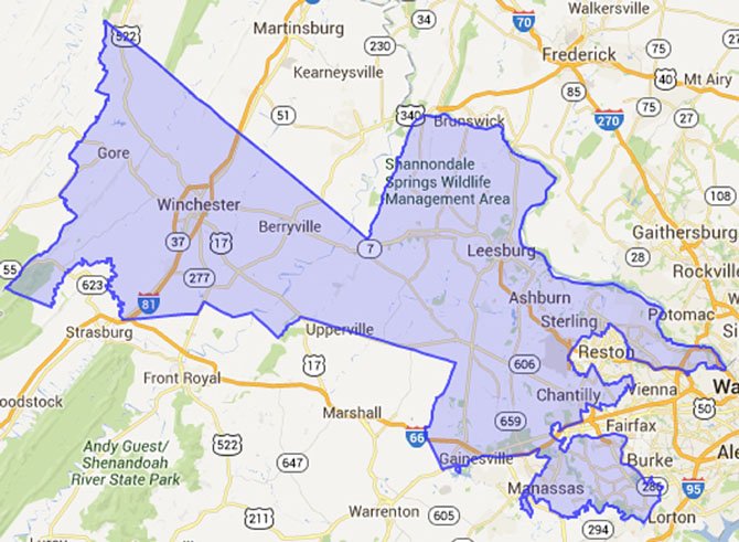 The 10th district includes all of Clarke, Frederick, Loudoun, and Warren counties and the Independent Cities of Manassas, Park, Winchester, along with portions of Fairfax, Fauquier, Prince William counties.