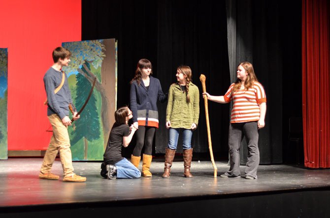 Herndon High School students Nathan Burns, Claire Smallwood, Sierra Siebold, Maren Larsen, and Anna Hughes rehearse for the February production of Robin Hood.