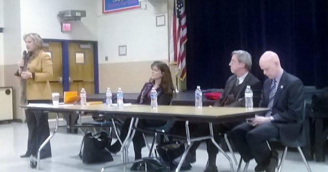 Superintendent Karen Garza, Lee District School Board member and Vice Chairman Tamara Derenak Kaufax, At-large member Ted Velkoff, and At-large member Ryan McElveen visit Twain Middle School on Feb. 17.