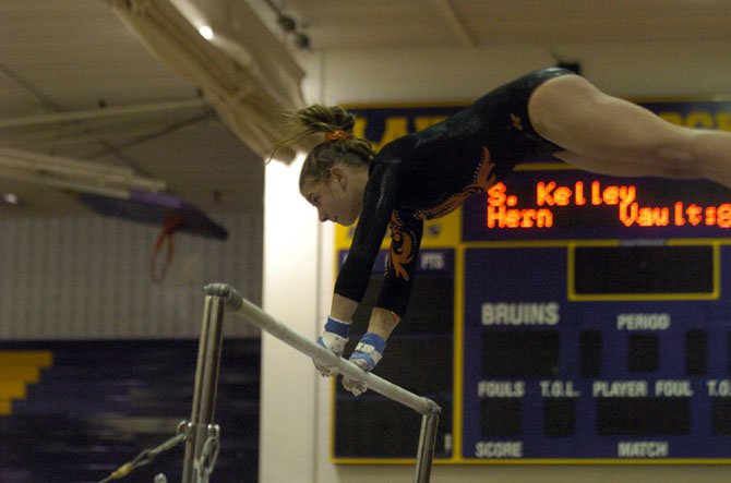 Hayfield sophomore Molly Overstreet won the bars region championship during the 6A North gymnastics meet on Feb. 18 at Lake Braddock.