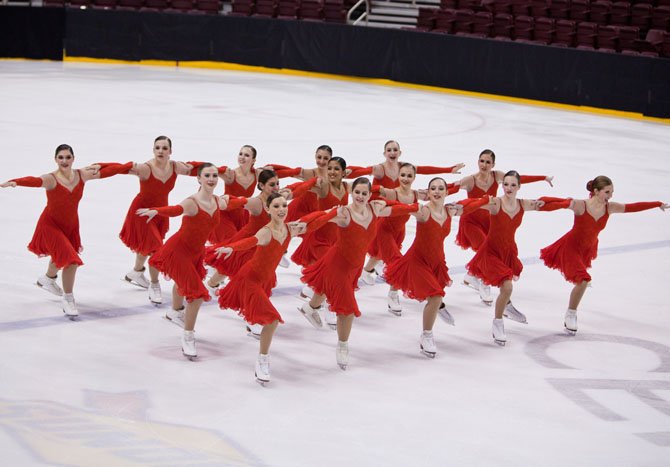 Synchronicity: The team ice skating in unison during a competition.
