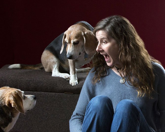 Joan Brady with her beagles Fred and Hank.