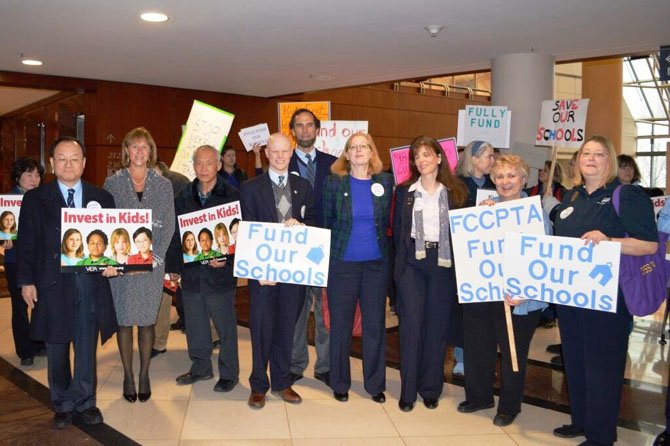 To show support for Fairfax County schools and teachers, the Alliance for Fairfax Public Schools held a "Fund Our Schools" rally at the Fairfax County Government Center before Long’s budget announcement.