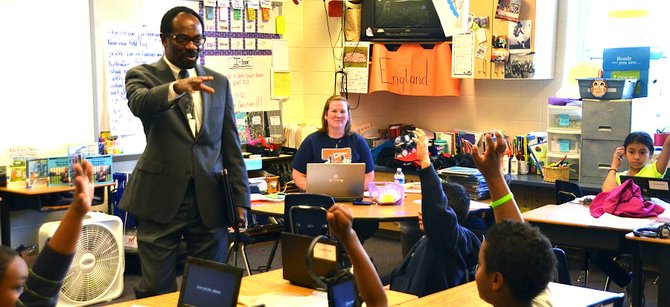 Alexandria Superintendent Alvin Crawley speaks to students at Tucker Elementary School. 