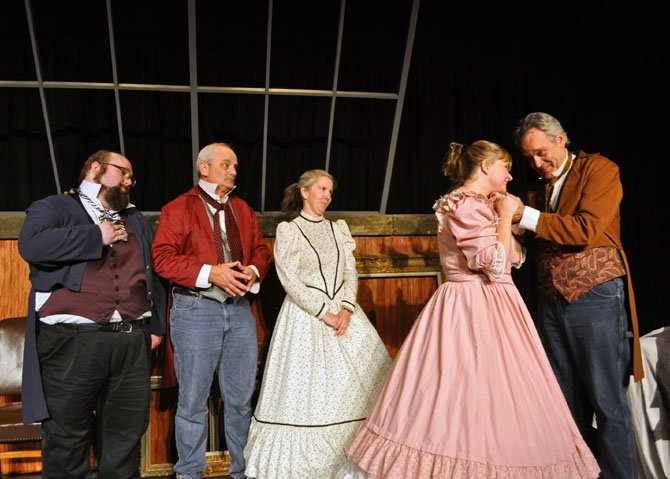 From left: Thane Tuttle (Dutchy), Craig Geoffrion (Chicago), Danine Welsh (Cecile), Liz Mykietyn (Marie) and Patrick David (Millet) in rehearsal for the Providence Players of Fairfax comedy production of Mark Twain’s ‘Is He Dead?’