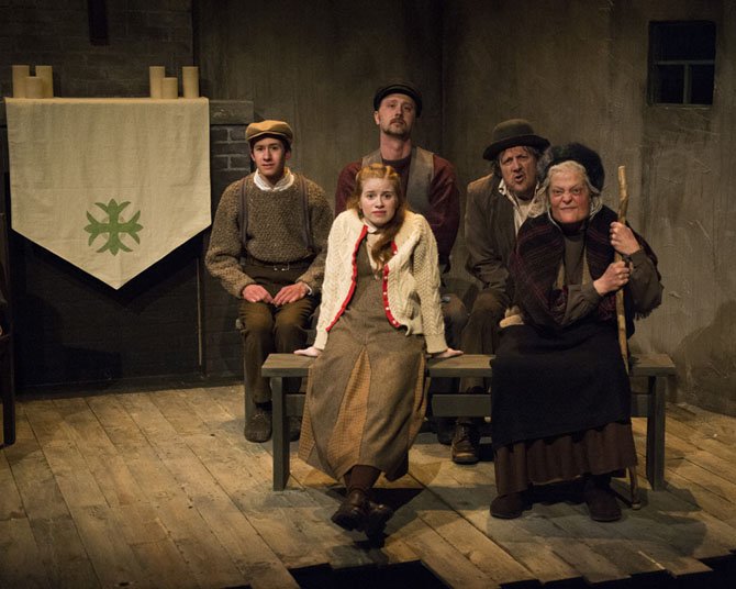Small ensemble: (from left - front row) Megan Graves and Rebecca Lenehan, (back row) Robert Grimm, John Stange and Mark Lee Adams in "The Cripple of Inishmaan" at 1st Stage.