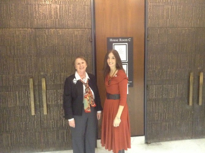 Del. Eileen Filler-Corn (D-41), right, with Tena Bluhm of Fairfax after testifying in favor of HB 550 to benefit local HOAs.