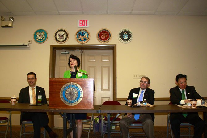 From left -- Del. Marcus Simon (D-53), state Sen. Barbara Favola (D-31), Del. Bob Brink (D-48) and Del. Mark Keam (D-35) were invited to speak at the Chamber’s breakfast event.