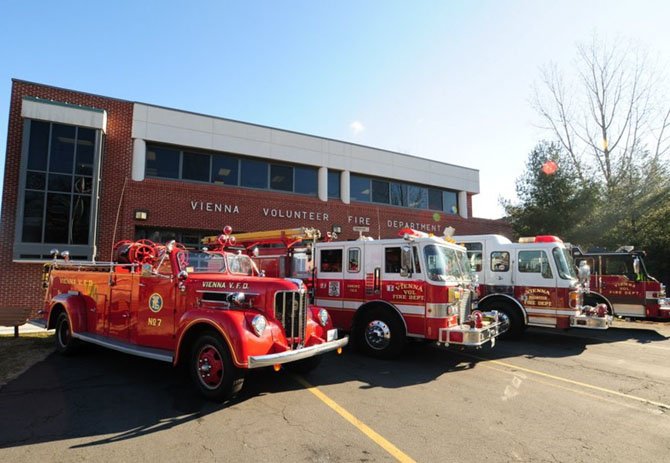 Fire engines parked outside the station.