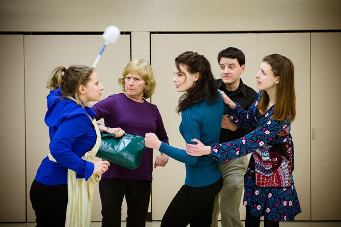 From left -- Julie the chambermaid (Rebecca Fischler) gives her opinion of the goings on to the members of the wedding party (Carole Steele, Jessica Inzeo, Will MacLeod, and Caity Brown).