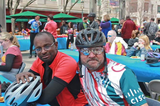 From left, Sherrod Jefferson, Chantilly, and Michael Howard, Reston, have lunch after cycling 35 miles.