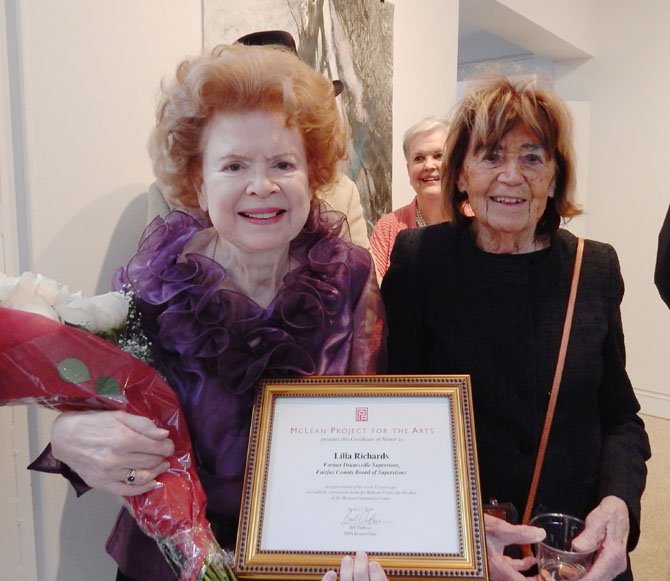 Former Fairfax County Supervisor for the Dranesville district Lilla Richards and McLean Project for the Arts founding member Nancy Bradley at the event honoring Richards for her dedication as Fairfax County Supervisor to finding a permanent home for McLean Project for the Arts. MPA Board Member Betty Thompson looks on.
