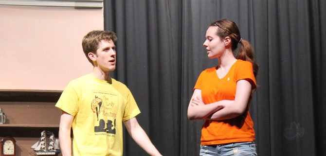 Juniors Alex Shipley and Barbara Lawson rehearse for West Springfield High School’s spring musical, “The Pajama Game.”
