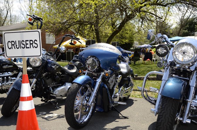 Mid-sized cruiser motorcycles were lined up to show off detailed paint schemes and chrome. 