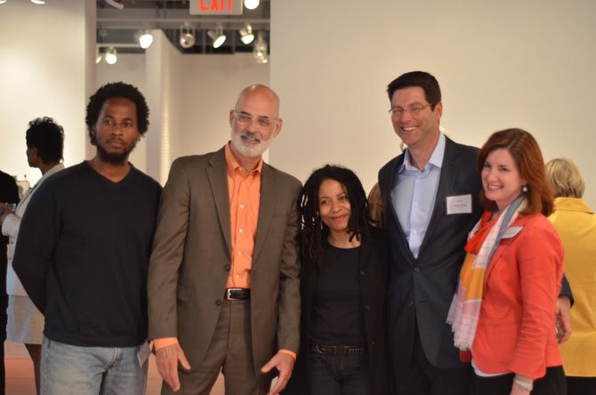 Artist Odinga Tyehimba, George Hemphill, Renee Stout, Robert Goudie, and GRACE Executive Director and Curator Holly Koons McCullough at the artists reception for the exhibit Incubator.