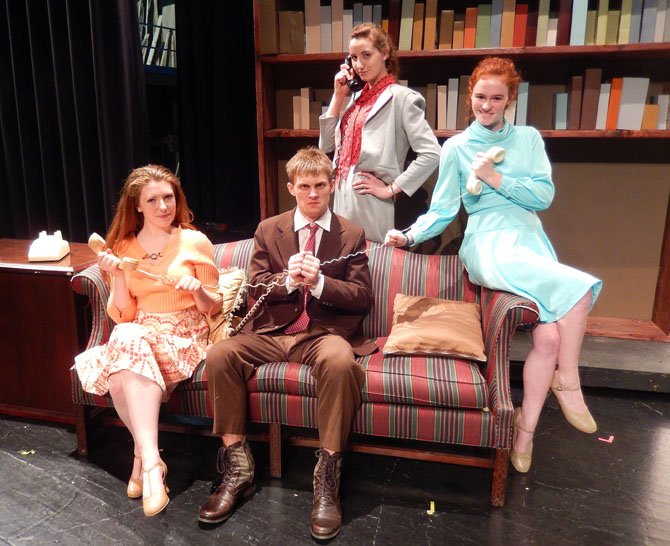 All tied up: Rehearsing “9 to 5” are (from left) Emily Ennis, Doug Klain, Caroline Silas and Amanda Harvey.
