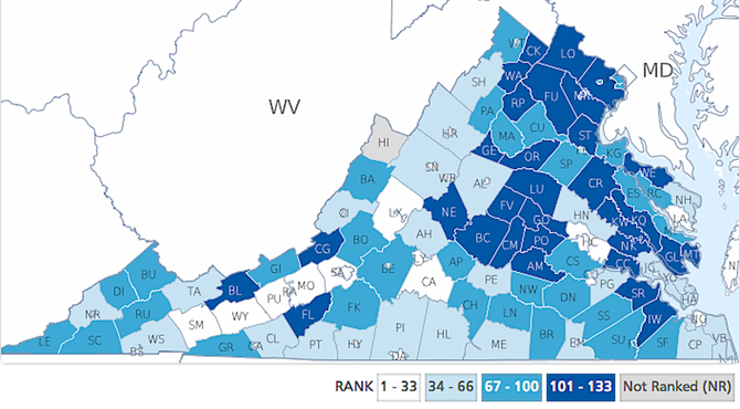 The range of single-occupancy vehicle drivers who spend more than 30 minutes alone in their car ranges from 9 percent in Charlottesville to 66 percent in Amelia County.