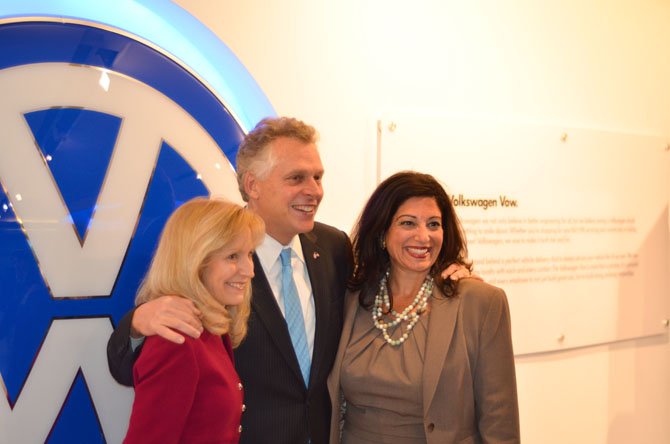 Volkswagen Group of America Vice President of Industry-Government Relations Anna-Maria Schneider smiles for a photo with Governor Terry McAuliffe and Volkswagen Group of America Director Nicole Barranco at headquarters in Herndon.