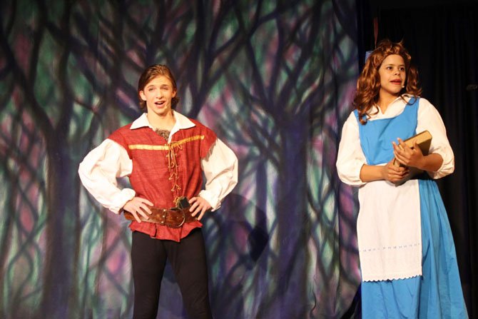 Austin Herndon plays Gaston and Alyssa Gallo plays Belle in Northern Virginia Players spring musical, “Beauty and the Beast Jr.”
