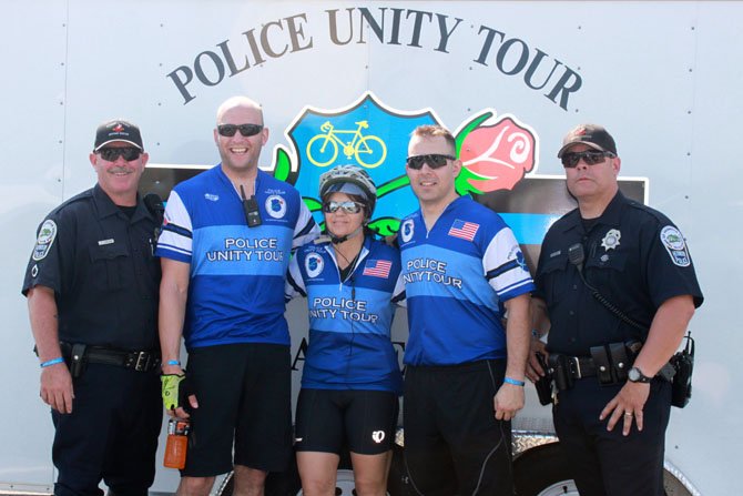 Herndon Police Department’s officer Eddie Stapleton, Corporal Christopher Farbry, Chief Maggie DeBoard, officer Stephen Monahan and officer Ron Eicke during a lunch stop in Fairfax.