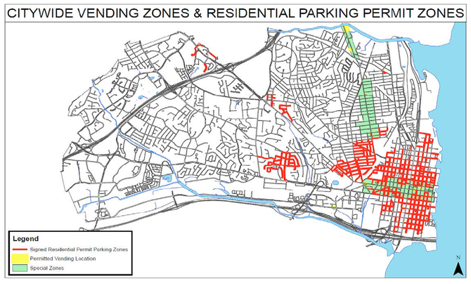 Food Trucks would be allowed in the yellow vending zones, where they would have designated parking, as well as white zones, where they would have to obey existing parking rules. They would be prohibited from green zones and red zones.