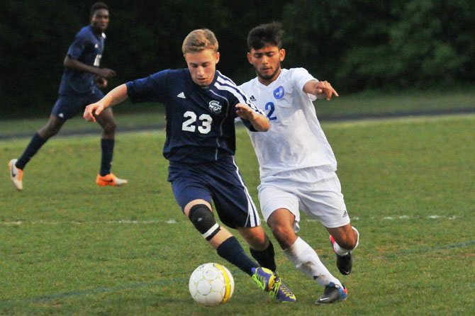 Lucas Lombardozzi (23) and the South County boys’ soccer team defeated West Potomac 1-0 on May 20 in the Conference 7 semifinals.
