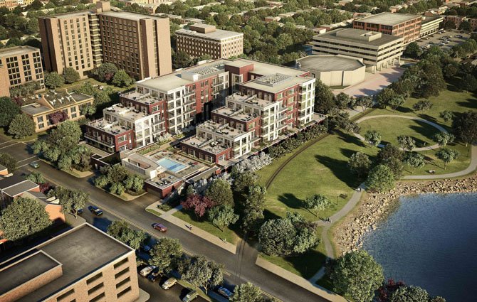 An aerial view of the Oronoco Waterfront Residences.