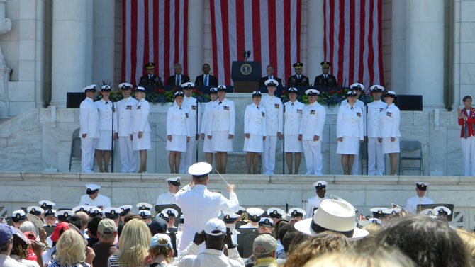 The U.S. Navy Band performs “America the Beautiful” at the 146th Memorial Day observance at Arlington National Cemetery.

