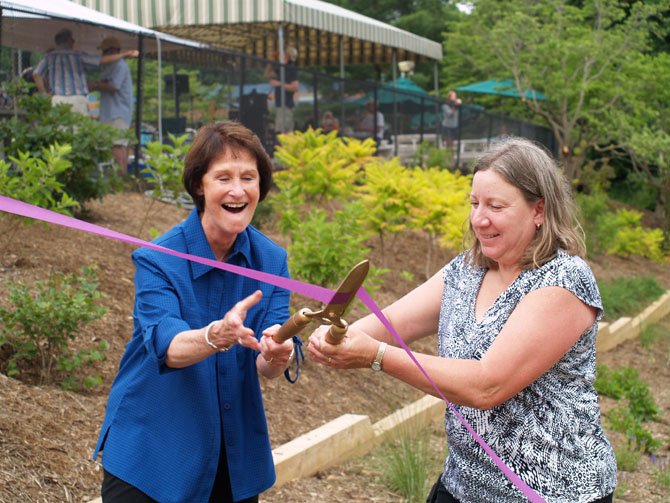 Sharon Bulova, Chairman of the Fairfax County Board of Supervisors, with Cheryl McDonald, the 2014 Braddock District Volunteer Fairfax Community Champion, at the ribbon cutting ceremony of the Danbury Forest Centerpiece Garden.
