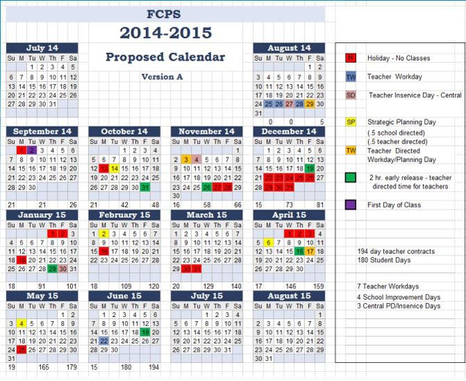 A proposed calendar demonstrating changes to the schedule for Fairfax County Public Schools.