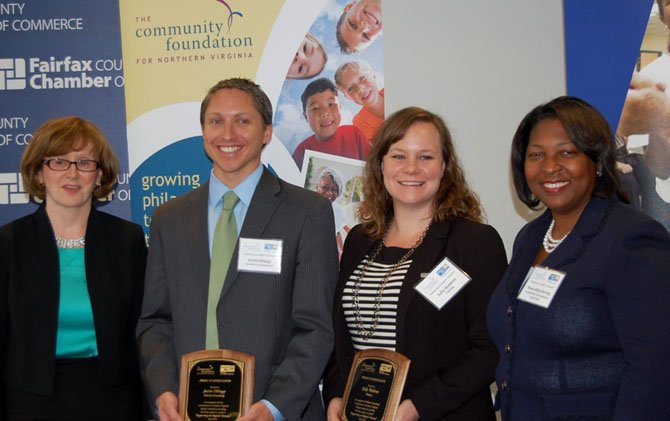 Eileen Ellsworth, president of the Community Foundation of Northern Virginia, Justin Obbagy and Kelly Waldron of Deloitte, and Rosie Allen-Herring of United Way pose after presenting “Supporting our Region’s Veterans,” a report looking at the needs of veterans in the area.