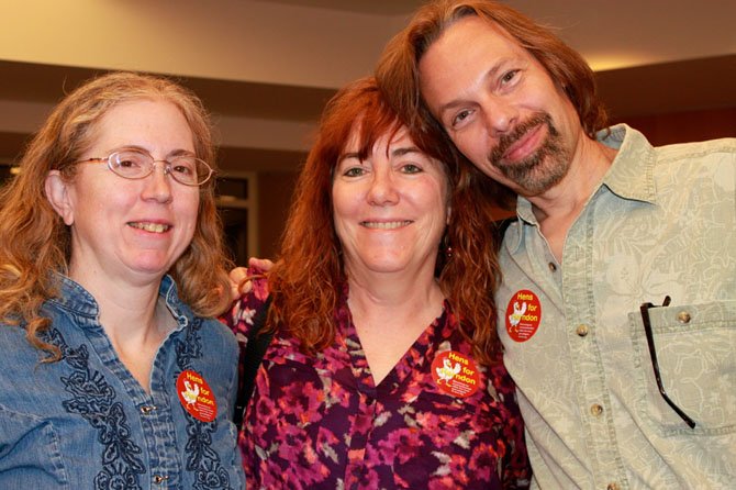Kathe Barsotti, Lorna Schmid and David Boldt, supporters of Hens for Herndon, were happy the town council resolution allowing more hens in the village was passed at the June 10 meeting.