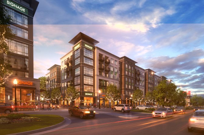 Artist’s rendition of one of the mixed-use buildings planned for Fairfax Boulevard. Shops and restaurants are at street level, with apartments above.